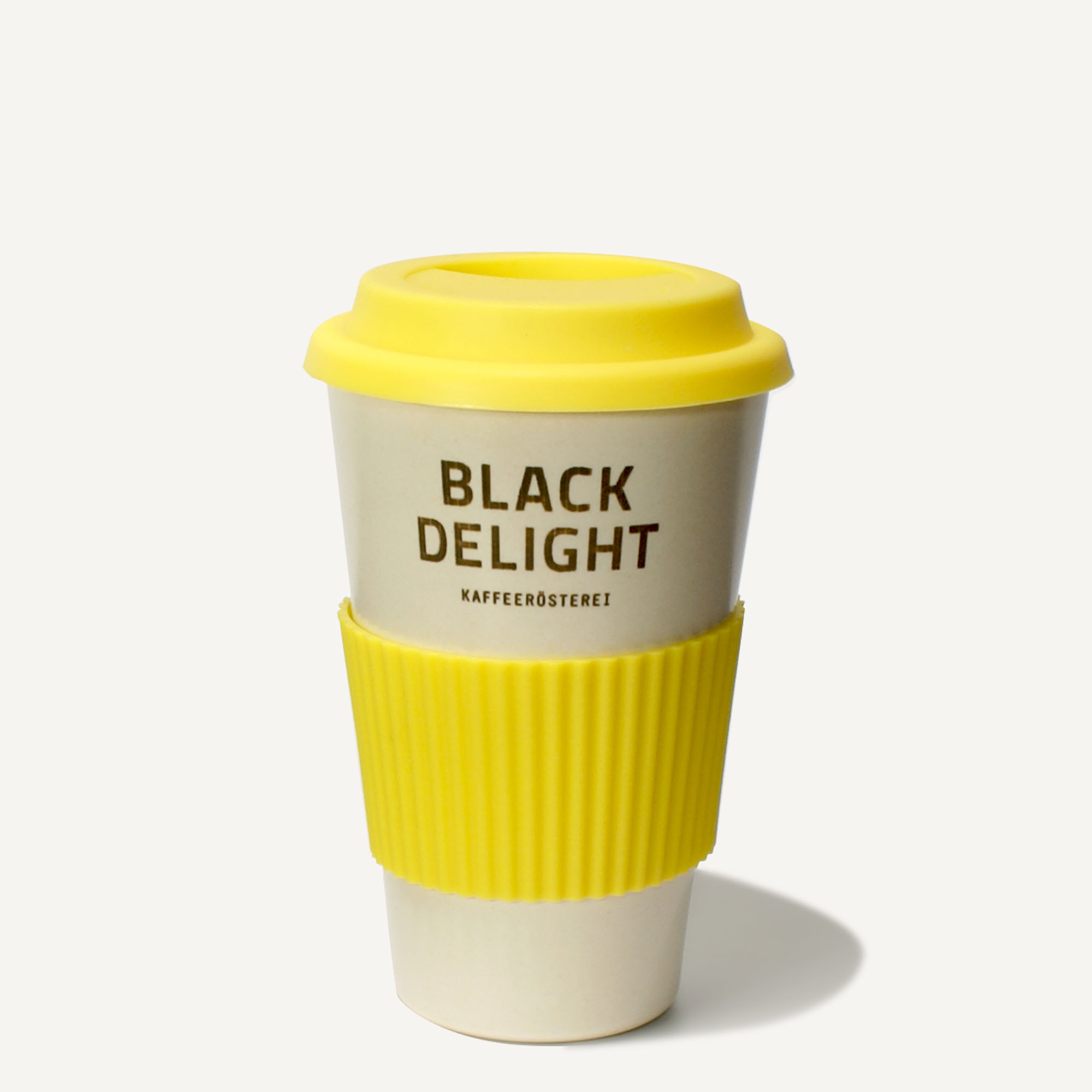 Bambusbecher mit Black Delight Logo Gelb