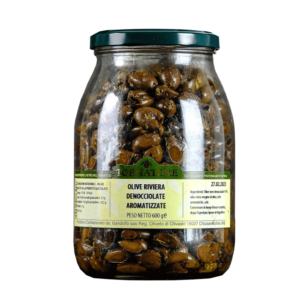 Schwarze Oliven mit Kräutern, entsteint, 600g